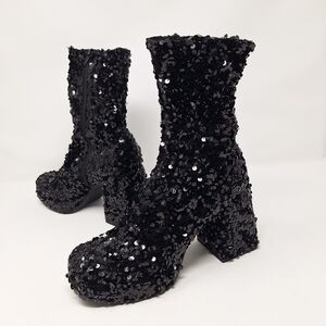 Abound Black Sequin Block Heeled Square ToeBoots